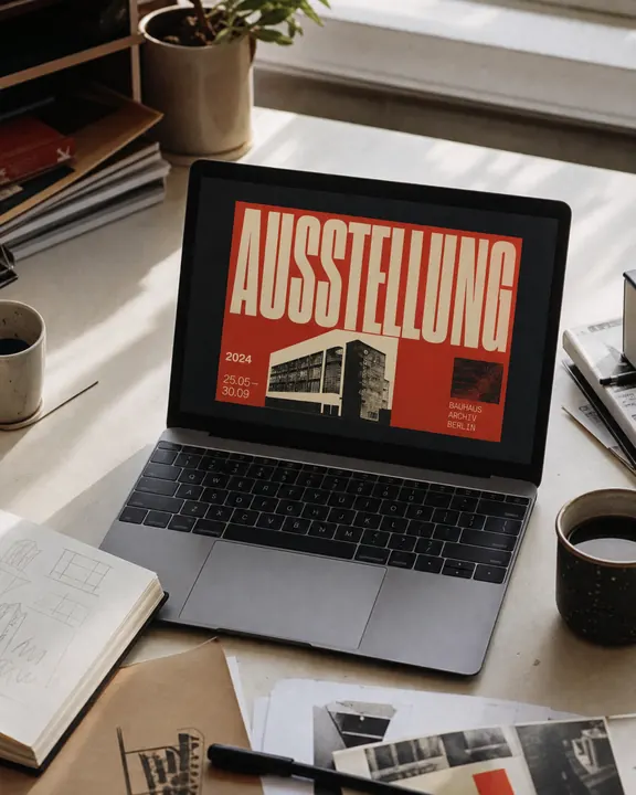 Poster mockup on a laptop and desk